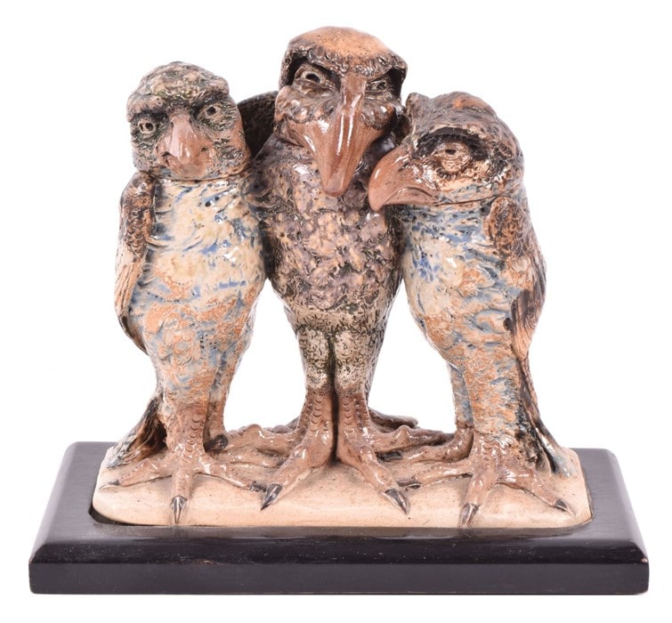 An early 20th century Martin Brothers triple bird group by Robert Wallace Martin