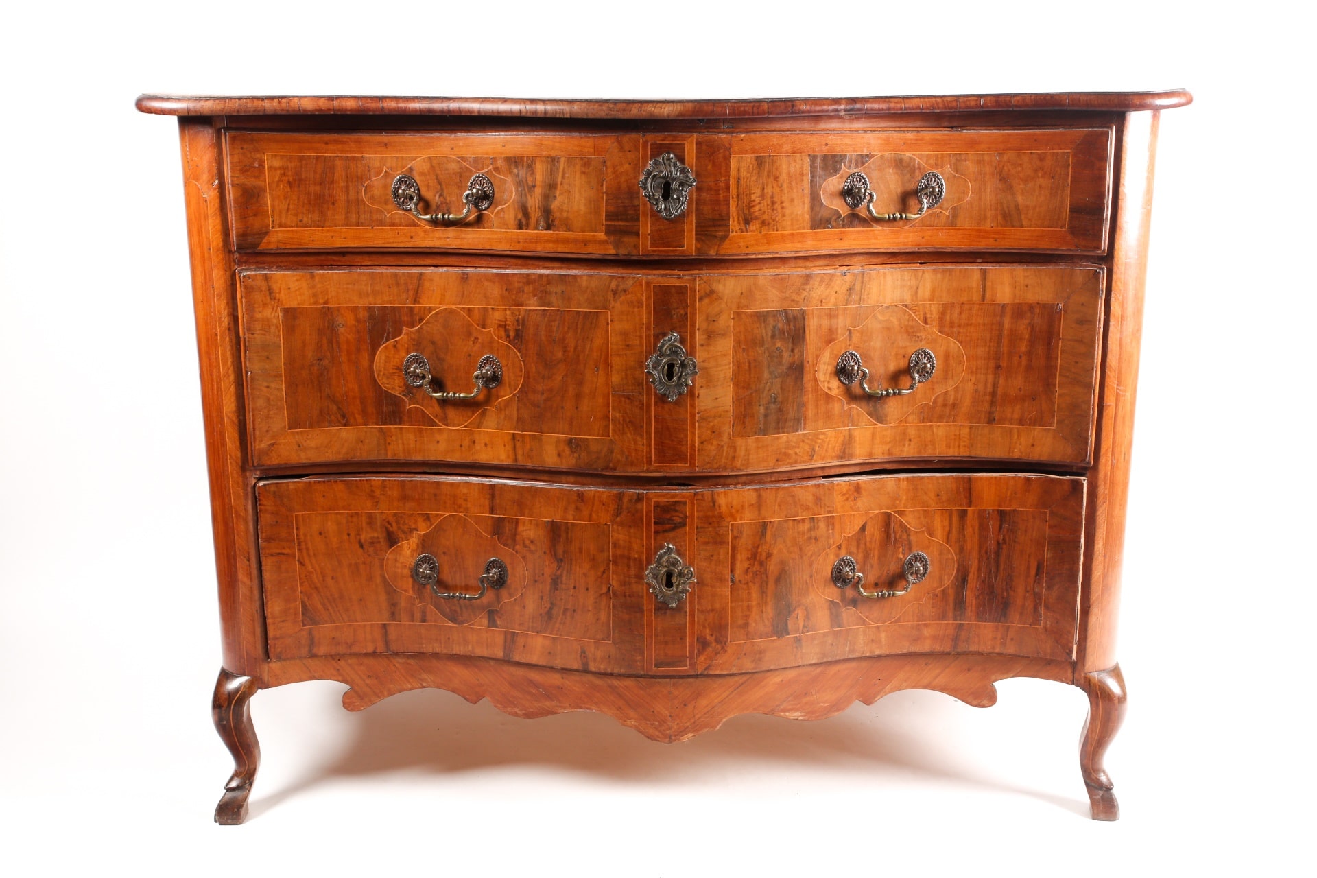 A probably Maltese 18th-century olive wood and walnut serpentine commode