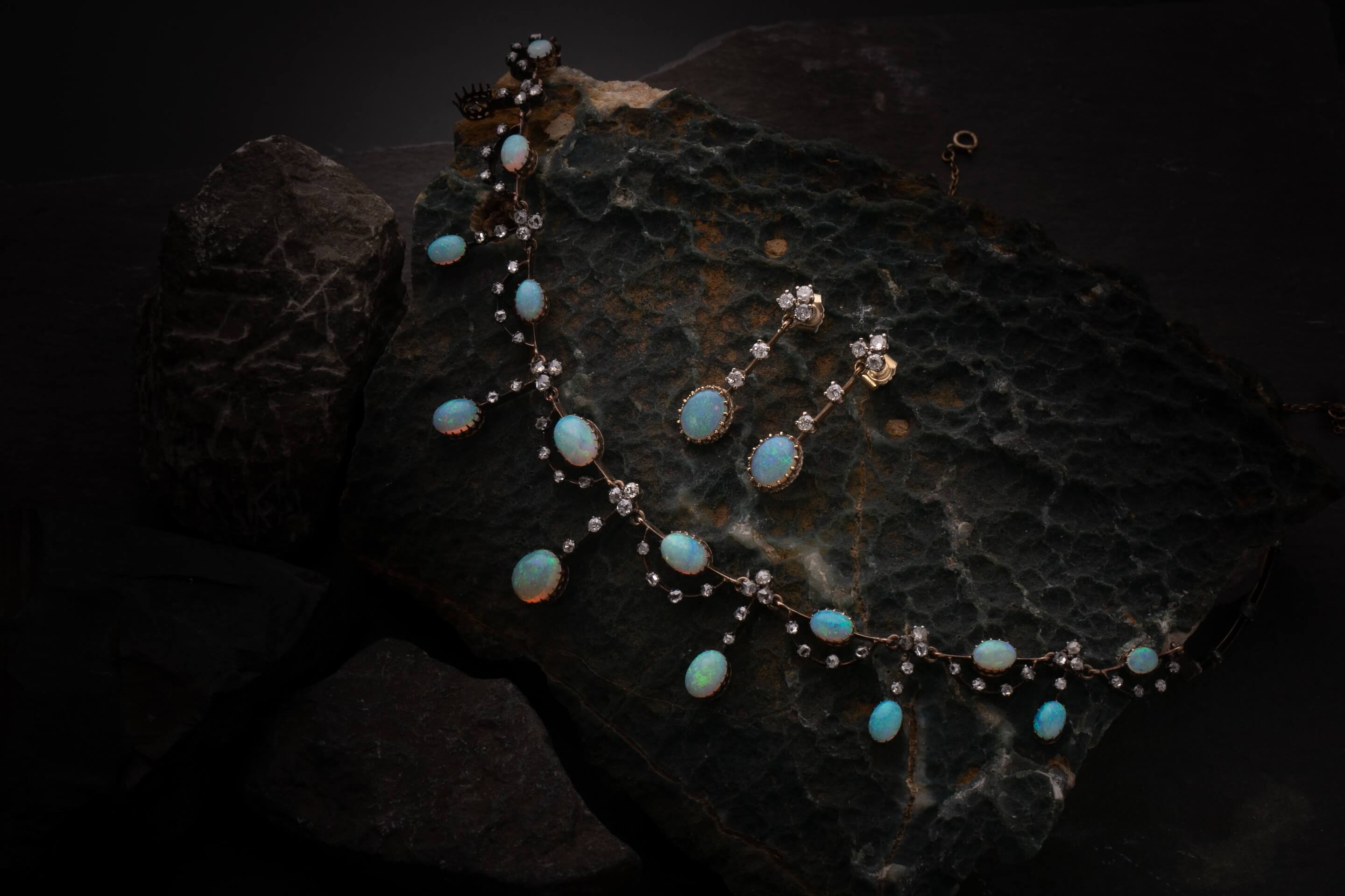 An Edwardian opal and diamond fringe necklace