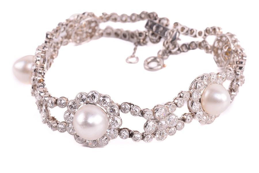 A Belle Epoque pearl and diamond cluster bracelet