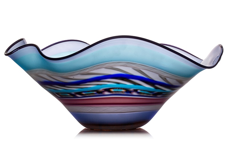 A large impressive Murano glass bowl with scalloped edge with gold and opaque air twist canes in pink and blue