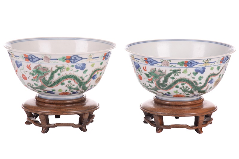 A matched pair of Chinese Dragon and Phoenix porcelain woucai bowls