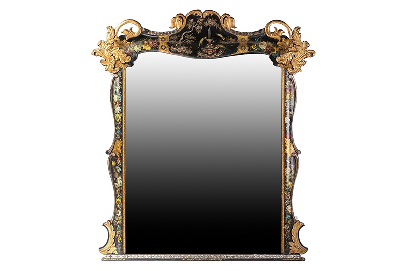 An early Victorian Scottish, black lacquer and Chinoiserie overmantle mirror 