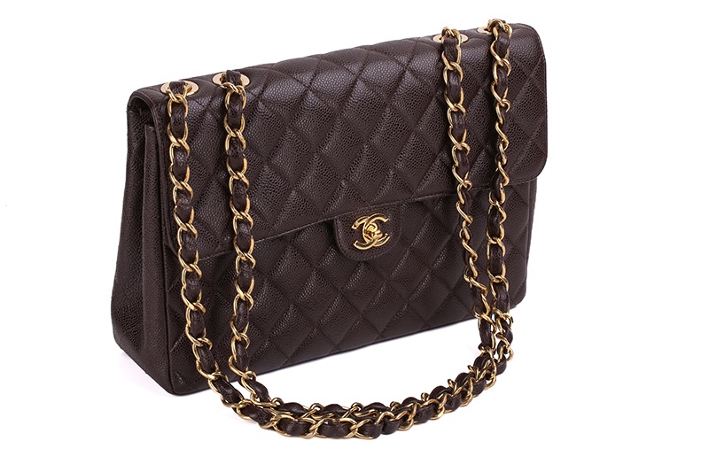Chanel - a Jumbo classic single flap bag in brown diamond-quilted caviar leather, circa 2002