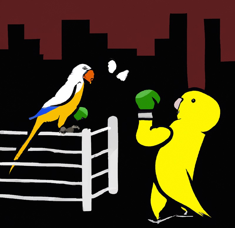 a canary and a parrot in a boxing match at madison square garden in the style of banksy