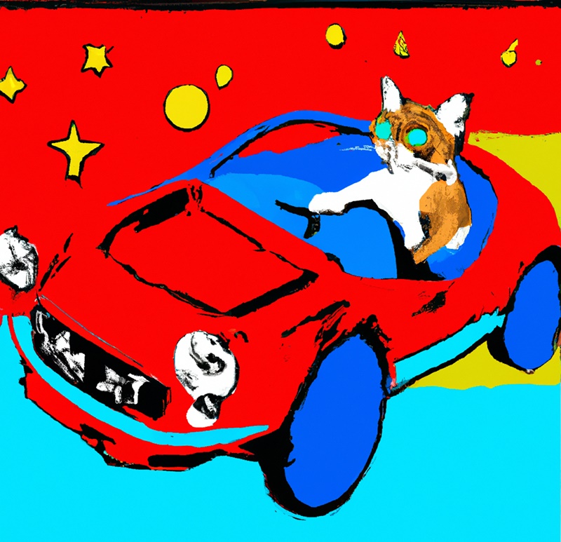 a cat flying to mars in a sports car in the style of andy warhol