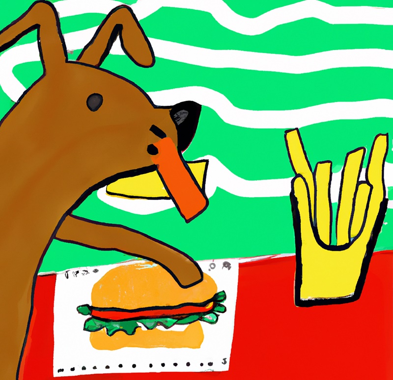 a dog eating hamburger and french fries in the style of henri mattisse