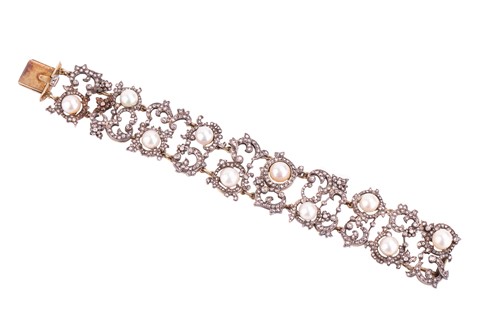 A mid-Victorian natural saltwater pearl and rose cut diamond bracelet