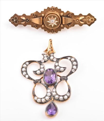 Lot 739 - A silver gilt, diamond, amethyst, and pearl...