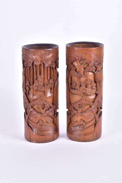 Lot 172 - Pair of Chinese carved bamboo brush pots each...