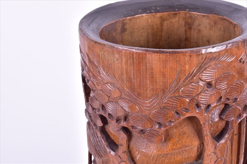 Lot 172 - Pair of Chinese carved bamboo brush pots each...