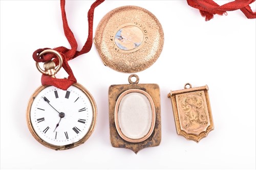 Lot 707 - A yellow metal pocket watch marked K14,...