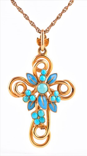 Lot 546 - A yellow gold, turquoise, and enamel cross...