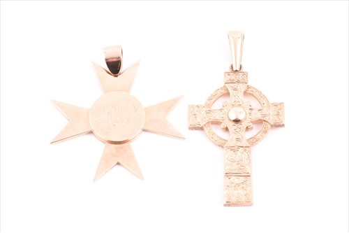 Lot 666 - A 9ct yellow gold Maltese cross pendant...