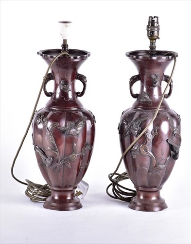 Lot 208 - A pair of Japanese bronzed vases converted to...