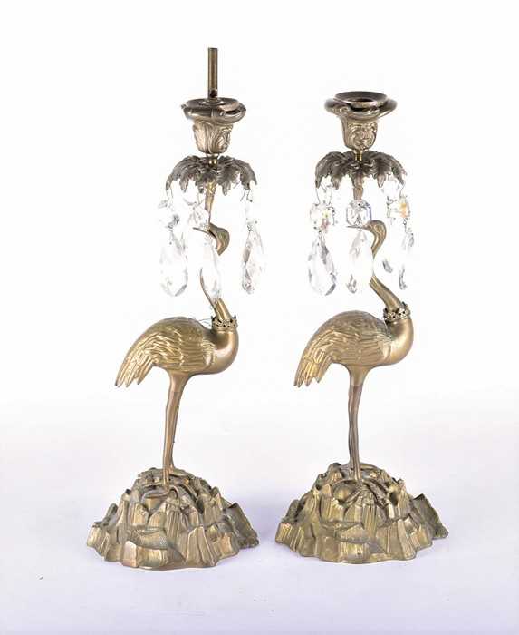 Lot 313 - A Victorian pair of brass and bronze stork...