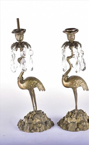Lot 313 - A Victorian pair of brass and bronze stork...