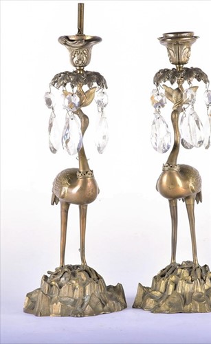 Lot 313 - A Victorian pair of brass and bronze stork...
