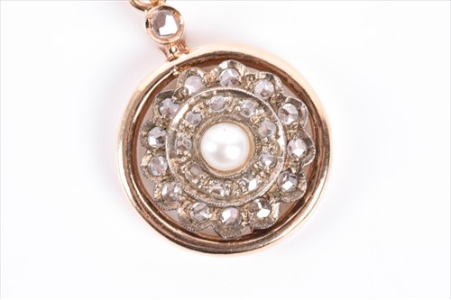 Lot 527 - A yellow metal, diamond, and pearl pendant of...