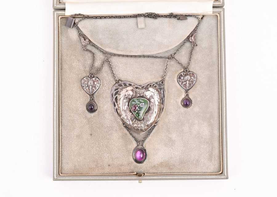 Lot 569 - An Art Nouveau white metal and enamel necklace...