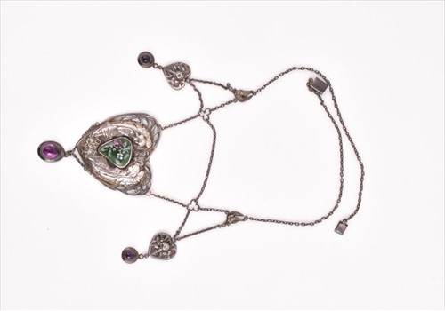 Lot 569 - An Art Nouveau white metal and enamel necklace...