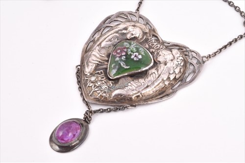 Lot 569 - An Art Nouveau white metal and enamel necklace...