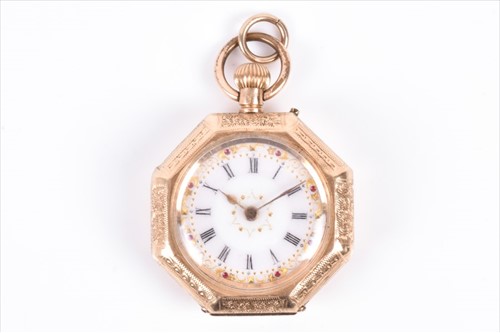 Lot 406 - An unusual yellow metal octagonal fob watch...