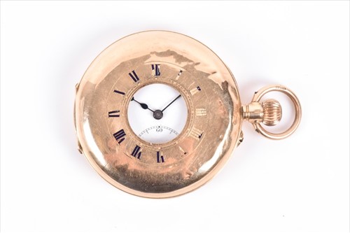 Lot 408 - A 15ct yellow gold half hunter pocket watch...