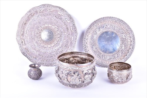 Lot 455 - An Eastern white metal circular dish, possibly...