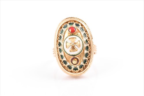 Lot 616 - An unusual yellow gold and enamel ring the...