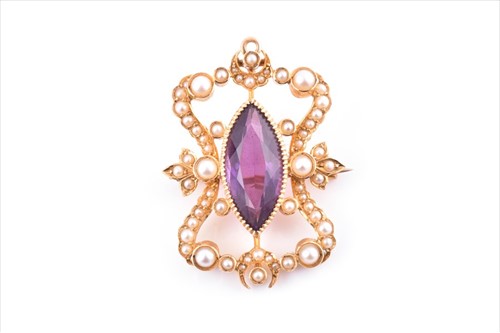 Lot 613 - A 15ct yellow gold, amethyst, and split seed...