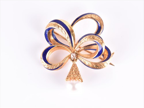 Lot 684 - A yellow metal, enamel, diamond, and pearl bow...