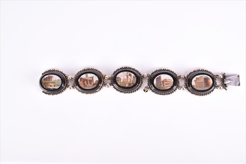 Lot 681 - A micro mosaic bracelet set with five oval...