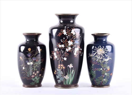Lot 203 - Three Meiji period cloisonnÃ© vases of varying...
