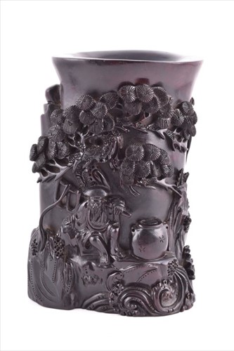 Lot 206 - A 19th century Chinese carved zitan brushpot...