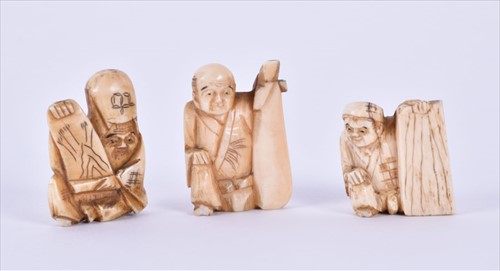 Lot 214 - Three Meiji period ivory netsukes each...