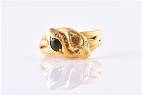 Lot 598 - A Victorian 18ct yellow gold double snake-head...