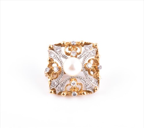 Lot 596 - An unusual yellow metal, diamond and pearl...