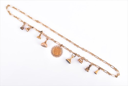 Lot 727 - A yellow metal fancy-link necklace suspended...
