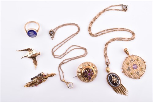 Lot 565 - A 9ct yellow gold, amethyst, peridot and pearl...