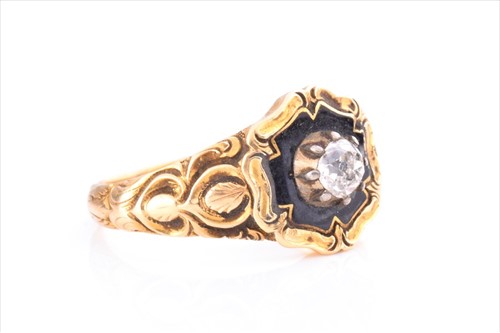 Lot 508 - A yellow metal and enamel mourning ring...