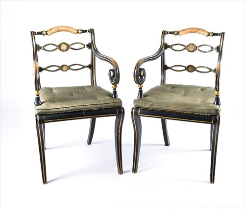 Lot 91 - A pair of Regency style green paintedÂ chairs...