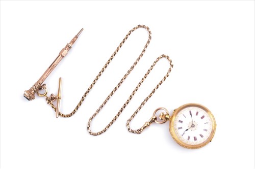 Lot 352 - A ladies 18ct yellow gold fob watch with Roman...