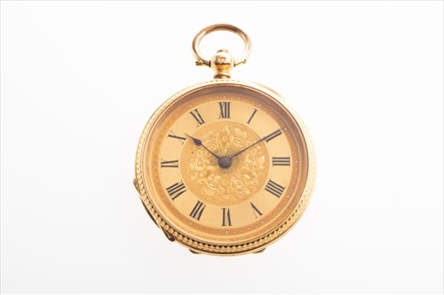 Lot 578 - A yellow metal pocket watch with black Roman...