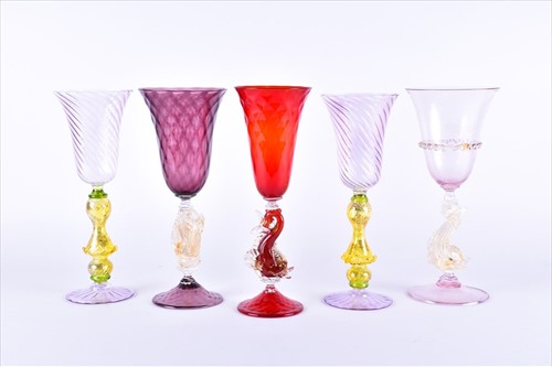 Lot 109 - Five 20th century Italian Murano wine glasses...