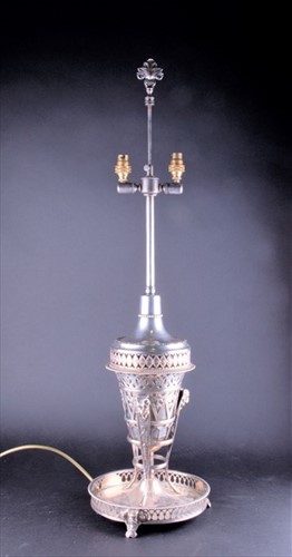 Lot 373 - An Edwardian silver and white metal table lamp...