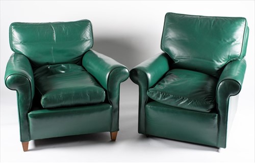 Lot 99 - Two modern green leather club armchairsÂ  with...