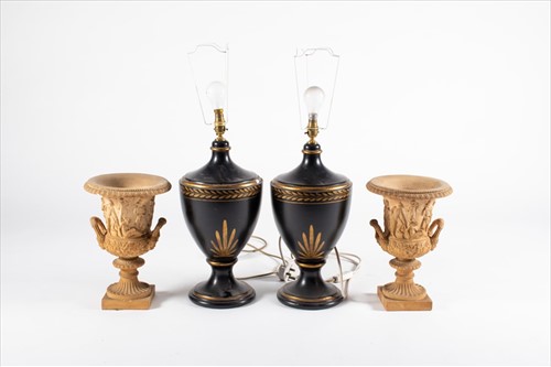 Lot 223 - A pair of decorative toleware lamps together...
