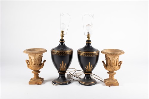 Lot 223 - A pair of decorative toleware lamps together...