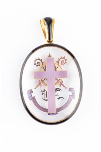 Lot 455 - An unusual glass and enamel mourning pendant...